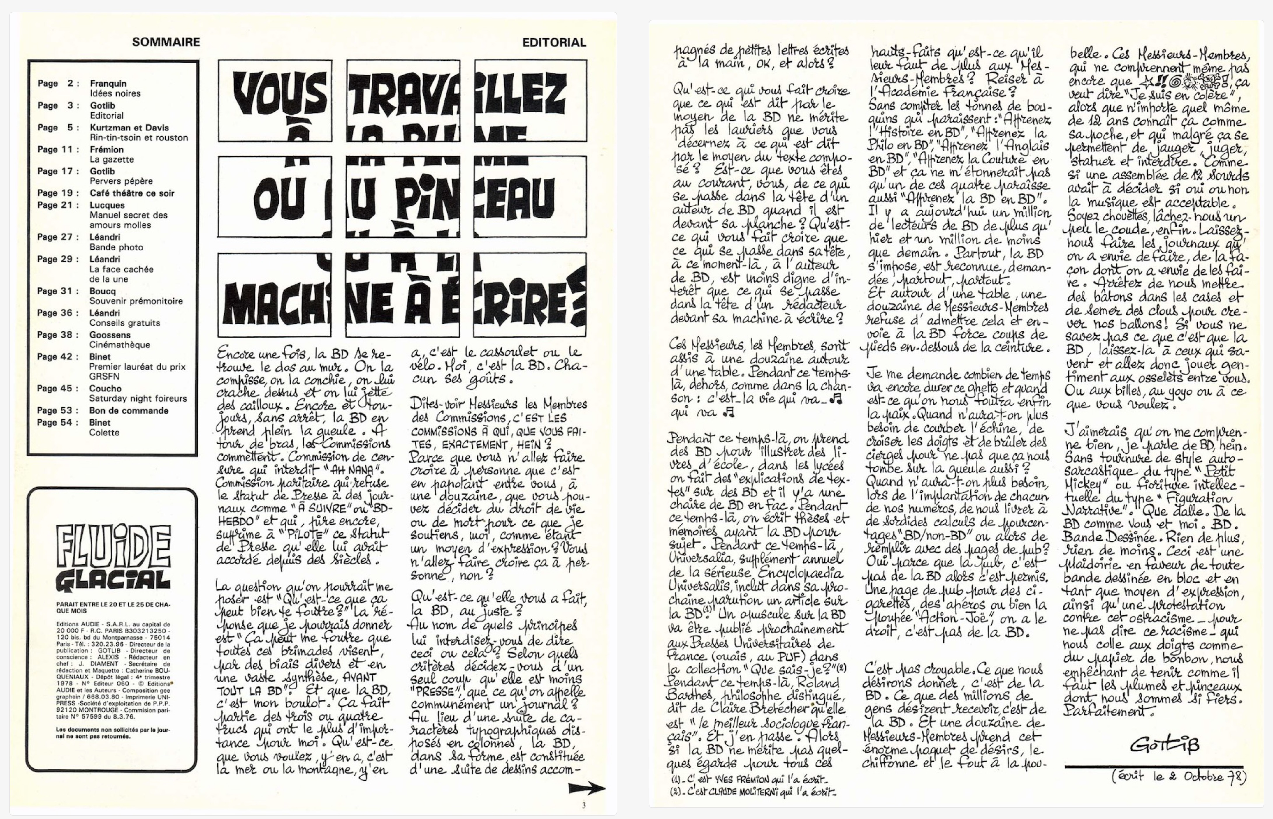 Fluide Glacial -- Deux pages délibérément non-typographiques de Marcel Gotlib dans Fluide Glacial en 1978.